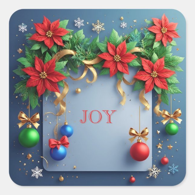 Christmas Wreath with Poinsettias Square Sticker (Front)