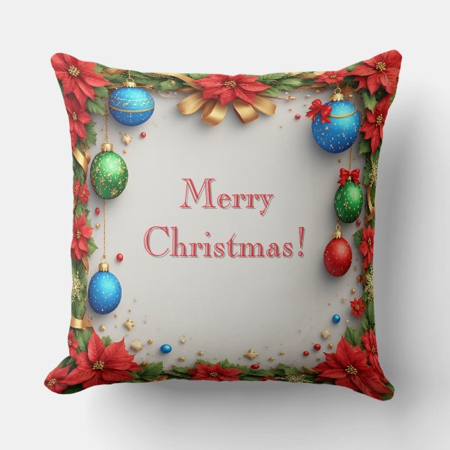 Christmas Wreath with Poinsettias Throw Pillow (Front)