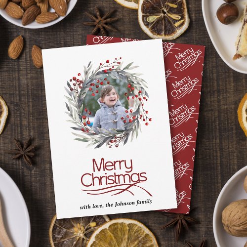 Christmas wreath with red berries and leaves photo holiday card