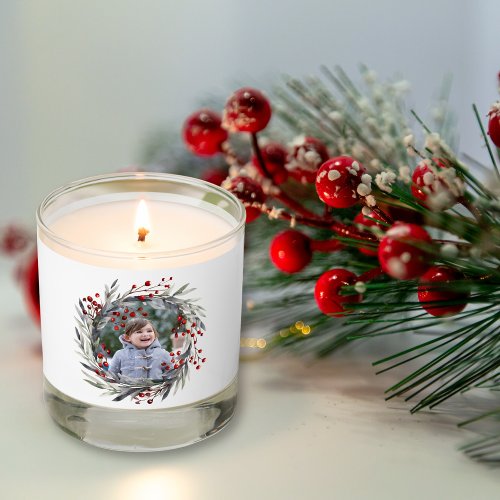Christmas wreath with red berries and leaves photo scented candle