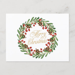 Christmas Wreath with Red Berries and Pinecones Holiday Postcard