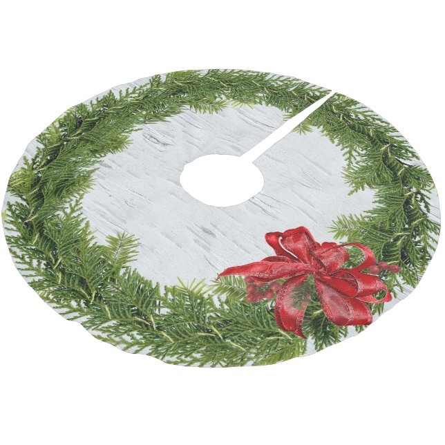 Christmas Wreath With Red Bow On Birch Brushed Polyester Tree Skirt (Angled)