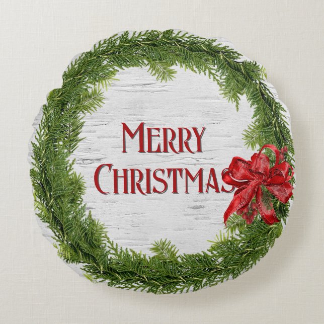 Christmas Wreath With Red Bow On Birch Round Pillow (Front)