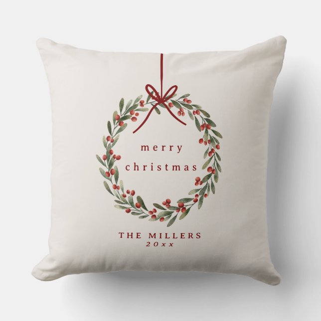 Christmas wreath with red bow Throw Pillow (Front)