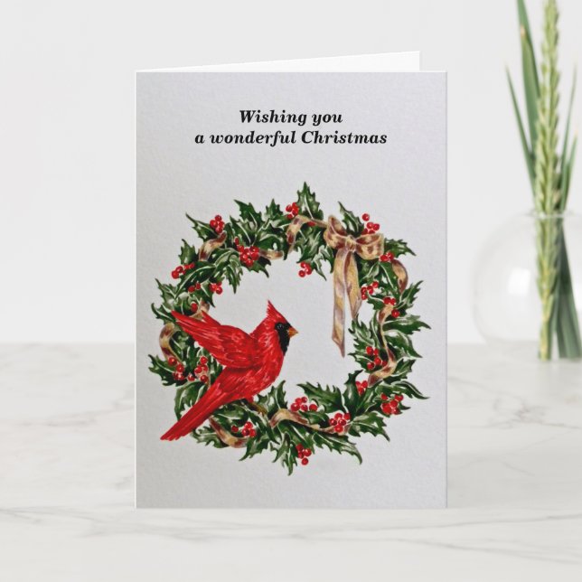 Christmas Wreath with Red Cardinal Holiday Card (Front)