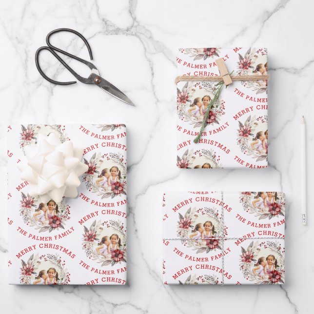 Christmas wreath with red flowers and photo wrapping paper sheets (Front)