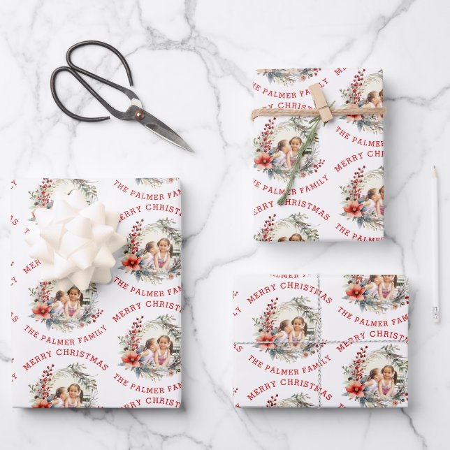 Christmas wreath with red flowers and photo wrapping paper sheets (Front)