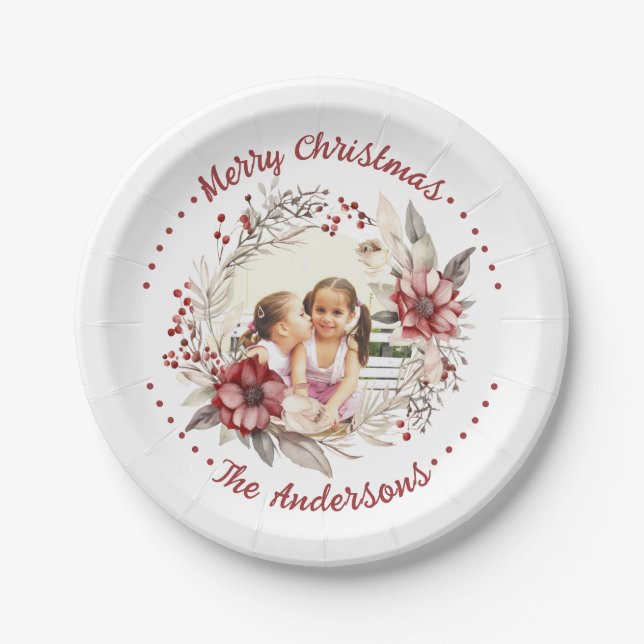 Christmas wreath with red flowers photo paper plates (Front)