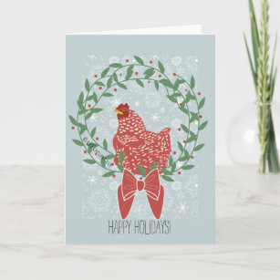Christmas wreath with red hen in snowflake pattern holiday card