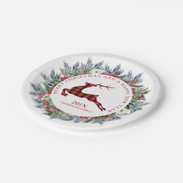 Christmas wreath with red plaid Christmas deer Paper Plates (Angled)
