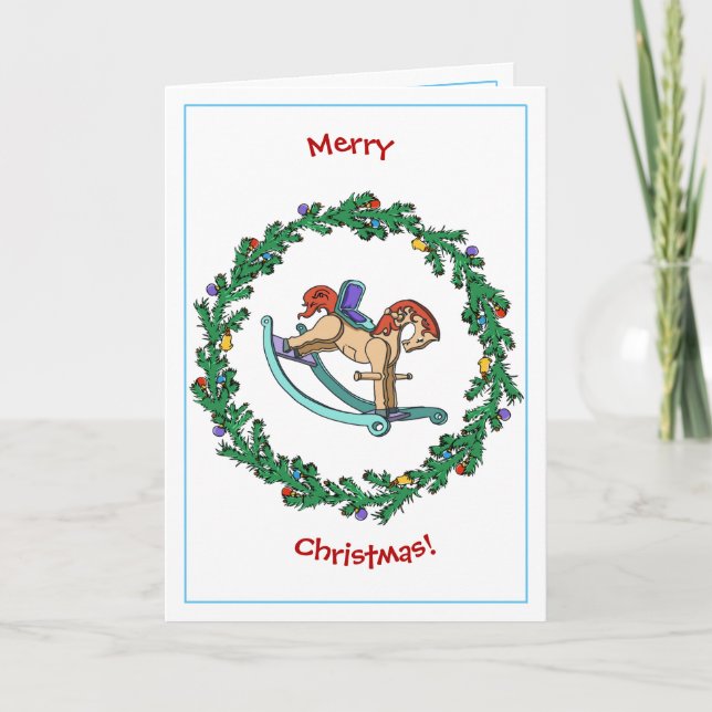 Christmas Wreath With Rocking Horse Holiday Card (Front)