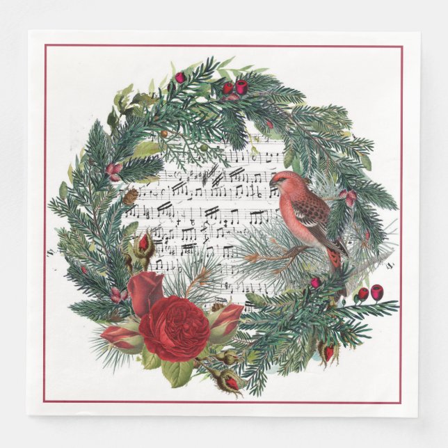 Christmas Wreath with Roses and Grosebeak Paper Dinner Napkins (Front)