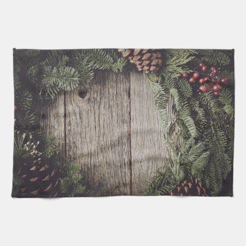 Christmas Wreath with Rustic Wood Background Kitchen Towel