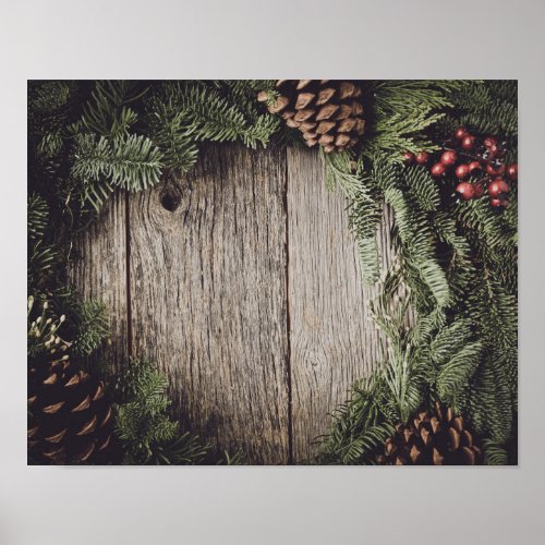 Christmas Wreath with Rustic Wood Background Poster