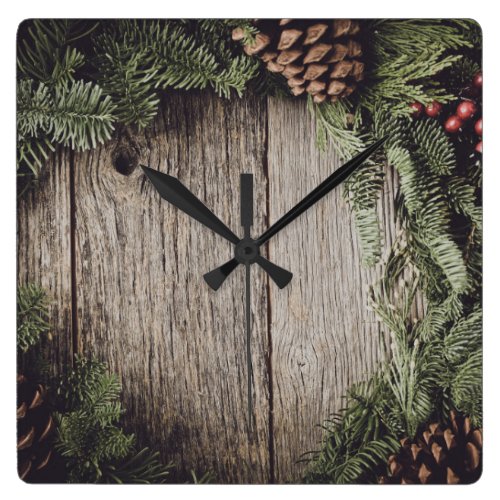 Christmas Wreath with Rustic Wood Background Square Wall Clock