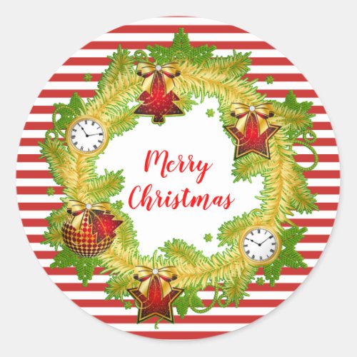 Christmas Wreath with Stripes Classic Round Sticker