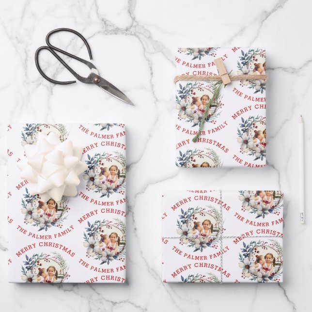 Christmas wreath with white flowers and photo wrapping paper sheets (Front)
