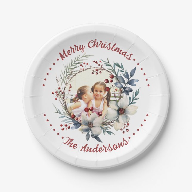 Christmas wreath with white flowers photo paper plates (Front)