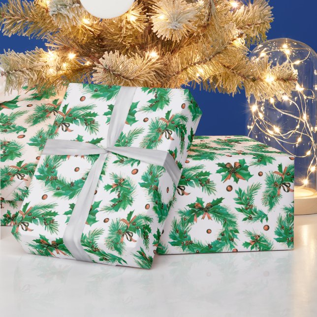 Christmas Wreathes Berries Bows Modern Christmas Wrapping Paper (Holidays)