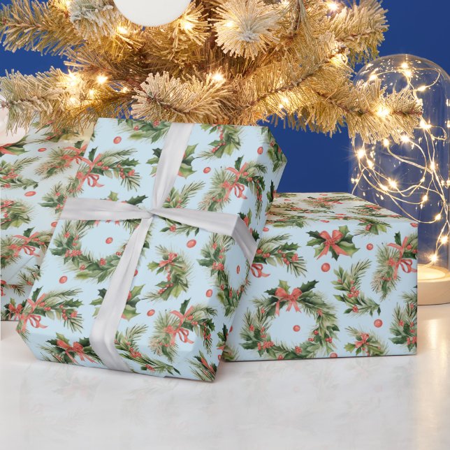 Christmas Wreathes Berries Bows Modern Christmas Wrapping Paper (Holidays)
