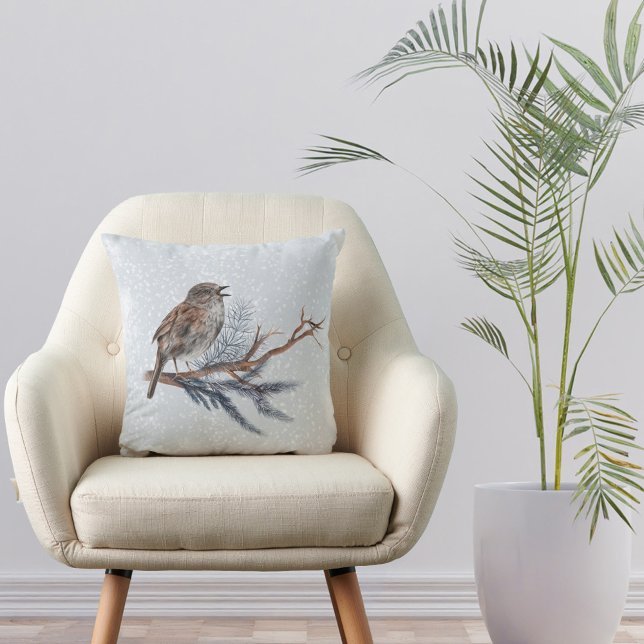 Christmas Wren Pine Boughs Watercolor Throw Pillow (Creator Uploaded)