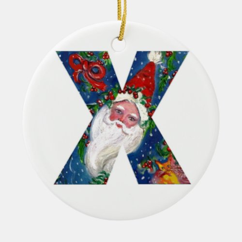 CHRISTMAS X LETTER  SANTA CLAUS WITH RED RIBBON CERAMIC ORNAMENT