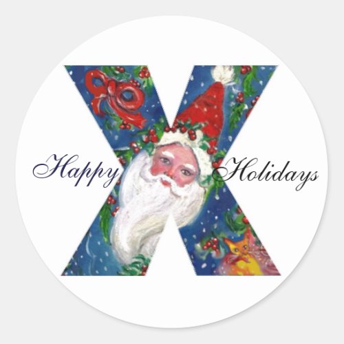 CHRISTMAS X LETTER  SANTA CLAUS WITH RED RIBBON CLASSIC ROUND STICKER