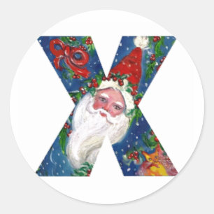 CHRISTMAS X LETTER / SANTA CLAUS WITH RED RIBBON CLASSIC ROUND STICKER