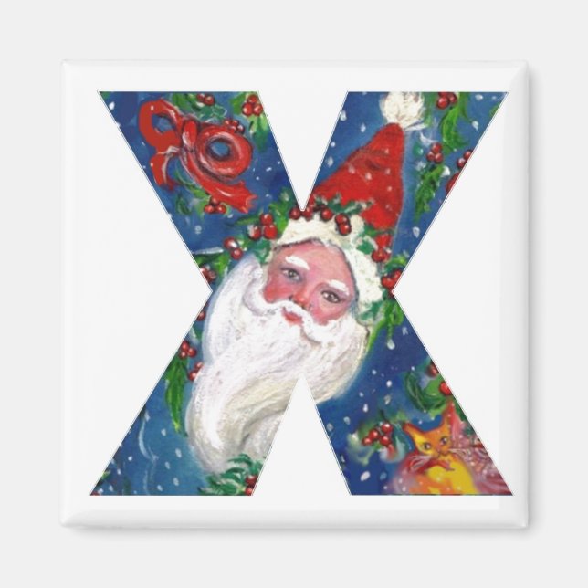 CHRISTMAS X LETTER / SANTA  RED RIBBON MONOGRAM MAGNET (Front)