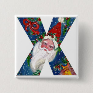 CHRISTMAS X LETTER / SANTA RED RIBBON MONOGRAM PINBACK BUTTON