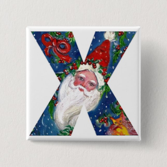 CHRISTMAS X LETTER / SANTA  RED RIBBON MONOGRAM PINBACK BUTTON (Front)