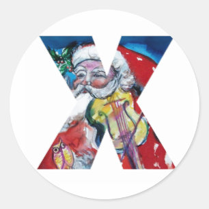 CHRISTMAS X LETTER / SANTA WITH VIOLIN MONOGRAM CLASSIC ROUND STICKER