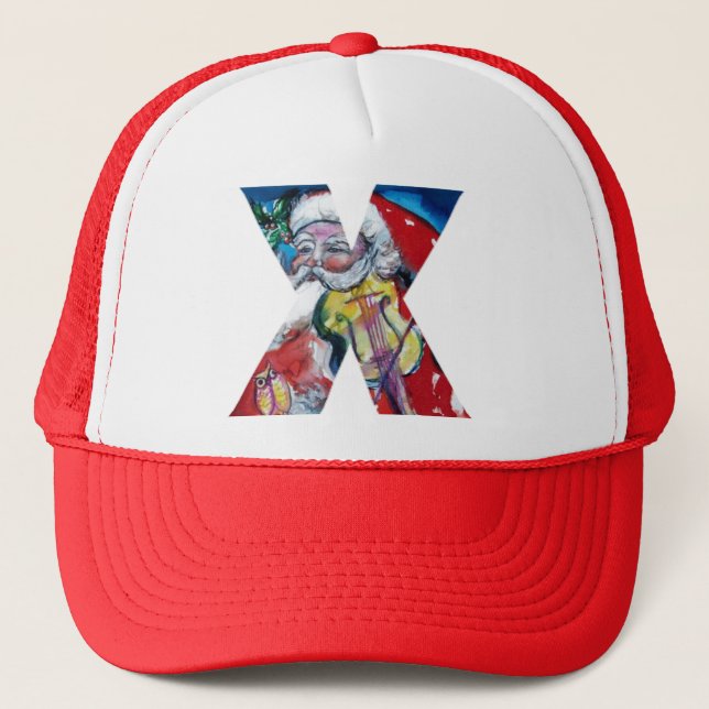 CHRISTMAS X LETTER  / SANTA WITH VIOLIN MONOGRAM TRUCKER HAT (Front)