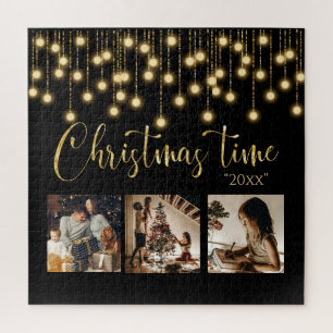 Christmas Xmas 3 Photo Collage Rustic Lights Jigsaw Puzzle