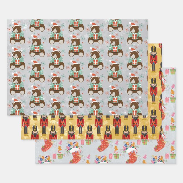 Christmas Xmas Bear Toy Soldier Stocking Wrapping Paper Sheets (Set)