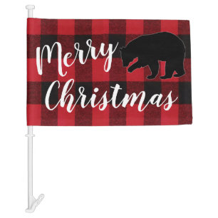 Christmas XMAS Car Flag Red Red Plaid Black Bear
