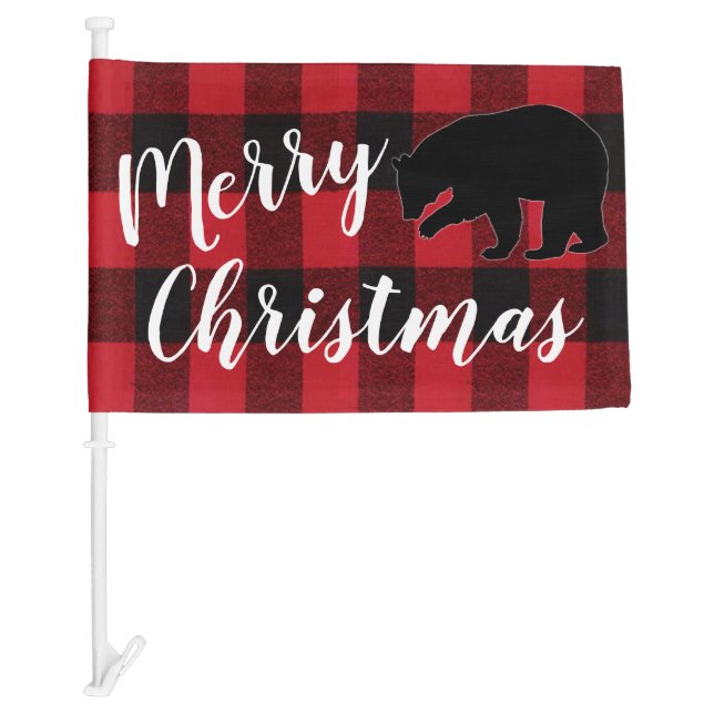 Christmas XMAS Car Flag Red Red Plaid Black Bear (Front)