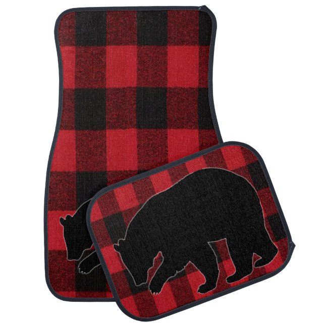 Christmas XMAS Car Floor Mats Red Plaid Black Bear (Set)