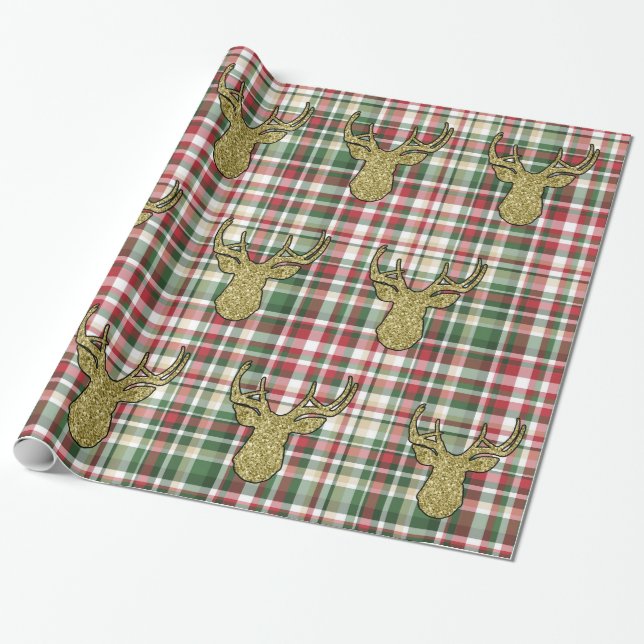 Christmas XMAS Plaid Tartan Deer Wrapping Paper (Unrolled)