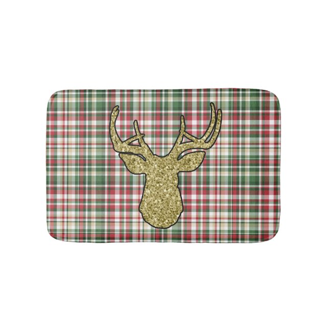 Christmas XMAS Plaid Tartan Gold Deer Bath Mat (Front)