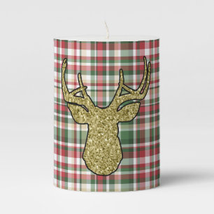 Christmas XMAS Plaid Tartan Gold Deer Buck 3"x4" Pillar Candle