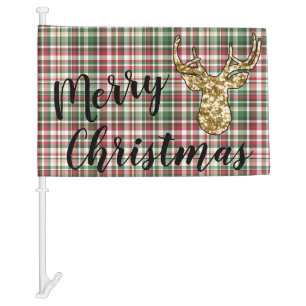 Christmas XMAS Plaid Tartan Gold Deer Buck Car Flag