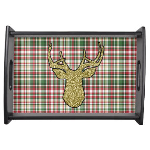Christmas XMAS Plaid Tartan Gold Deer Buck Head Serving Tray