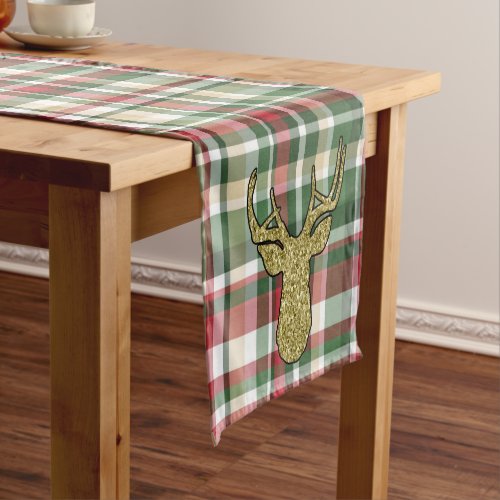 Christmas XMAS Plaid Tartan Gold Deer Buck Head Short Table Runner