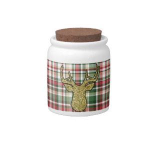 Christmas XMAS Plaid Tartan Gold Deer Buck Jar