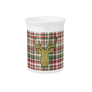 Christmas XMAS Plaid Tartan Gold Deer Buck Pitcher