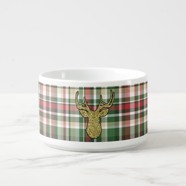 Christmas XMAS Plaid Tartan Gold Deer Chili Bowl (Center)