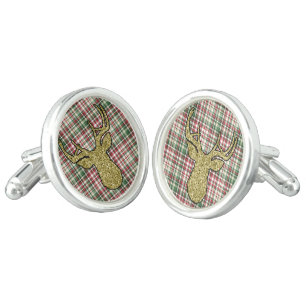 Christmas XMAS Plaid Tartan Gold Deer Cuff Links