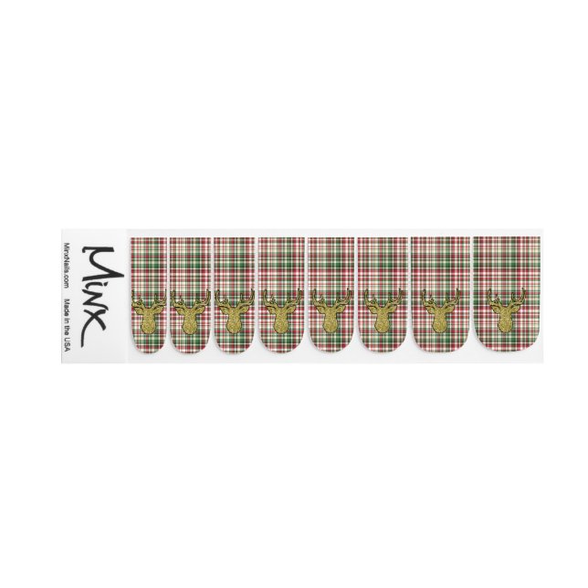 Christmas XMAS Plaid Tartan Gold Deer Nail Art (Left Hand)