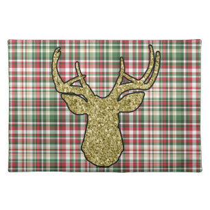 Christmas XMAS Plaid Tartan Gold Deer Placemat